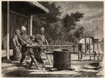 Trois paysans opérant le moulin à riz. Gravure pour illustrer le voyage au Japon en 1863-1864, par Aimé Humbert, ministre de la Confédération suisse, dans « Le tour du monde, nouveau journal des voyages », publié sous la direction d
