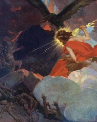 Titanomachie : représentation de Zeus triomphant des titans (Titanomachie ou Titanomachie : Zeus et les Olympiens victorieux des titans) Gravure tirée de "Mes beaux récits mythologiques" par HS Bres, début du 20e siècle collection privée