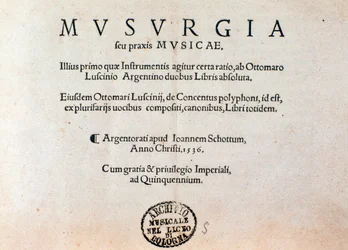 Page de titre du manuel pratique de musique Musurgia (1536)