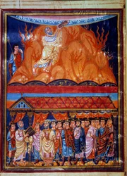 Haut : Moïse recevant les tables de la Loi, bas : Moïse explique la Loi au peuple hébreu. Miniature de la "Première Bible de Charles le Chauve" 9ème siècle Paris, B.N.