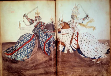 Tournoi : Jeu du seigneur appelant et du seigneur défendant (duc de Bretagne et duc de Bourbon face à face)