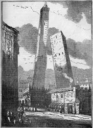 Tours de Bologne - la tour Asinelli et la plus petite tour Garisenda - gravure du 19ème siècle