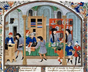 Scène de commerce: marchands dans une boutique présentant de la vaisselle et de l