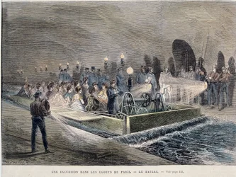 Transformations de Paris sous le Second Empire, Haussmann Paris. Une excursion dans les égouts de Paris (travaux haussmanniens) - gravure, fin du 19e siècle