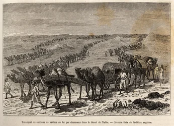 Transport de sections de navire en fer par des chameaux, dans le désert de Nubie (Soudan), gravure illustrant une expédition armée en Afrique centrale, pour la répression de la traite des esclaves