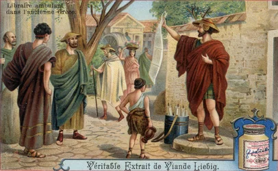 Libraire ambulant dans la Grèce antique. Chromolithographie, image Liebig