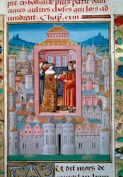 Traité de Conflans du 5/10/1465 entre le roi Louis XI et Charles de Charolais (plus tard Charles le Téméraire) mettant fin à la révolte des nobles ou Ligue du Bien public. Miniature des « Chroniques de Monstrelet » par Enguerrand de Monstrelet (1400-1453)