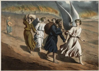 Deux anges guident Loth et ses filles, qui doivent quitter la ville de Sodome, détruite par Dieu comme celle de Gomorrhe. La femme de Loth, qui retourne dans la ville malgré l