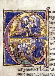 Deux rois de Bretagne : Bans de Berroye (père de Lancelot) et Boorz de Gaune. Manuscrit : Conquête du Saint Graal, écrit 717 ans après la passion de notre seigneur. Bibliothèque municipale de Rennes, ms. 255 (Collection de romans de la Table Ronde)