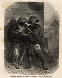 Deux ronins (samouraïs ayant perdu leur maître) en embuscade. Gravure pour illustrer le voyage au Japon, en 1863-1864, par Aimé Humbert, ministre de la Confédération suisse, dans « Le tour du monde, nouveau journal des voyages » publié sous la direction d
