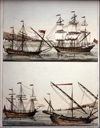 Bateaux typiques des pirates barbaresques, - dans « Il costume antico e moderno » de Ferrario, Milan