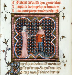 Un jeune homme et une vieille femme - Page enluminée tirée du manuscrit "Le Roman de la Rose" de Guillaume de Lorris et Jean de Meun vers 1353