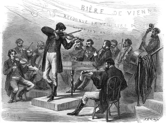 Exposition universelle : musiciens tziganes de la section autrichienne. Gravure dans "L