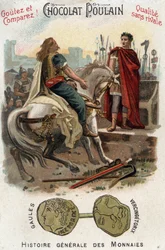 Vercingétorix (72-46 av. J.-C.), chef de la révolte gauloise, dépose les armes aux pieds de César (100-44 av. J.-C.) après avoir définitivement perdu la ville d