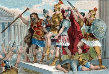 Vespasien (en latin Titus Flavius Vespasianus) (9-79) fut proclamé empereur par ses soldats. Chromolithographie vers 1890.
