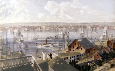 Vue du port de New York. Lithographie SD vers le milieu du 19e siècle