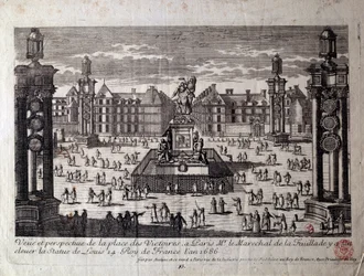 Vue de la Place des Victoires à Paris avec la statue de Louis XIV érigée par le maréchal de la Feuillade en 1686. Gravure du XVIIe siècle. Paris, Musée Carnavalet