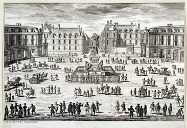 Vue de la Place des Victoires à Paris avec la statue de Louis XIV érigée par le maréchal de la Feuillade en 1686. Gravure du XVIIe siècle Paris, Musée Carnavalet