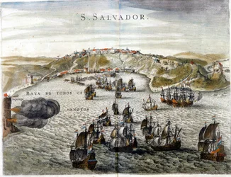 Vue de Salvador, autrefois connue sous le nom de Bahia, capitale du Brésil en 1549, lors de sa fondation - Gravure du XVIe siècle