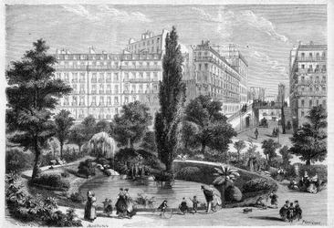 Vue de la place Montholon et du pont de la rue Bellefond à Paris dans le 9e arrondissement. Gravure dans "L