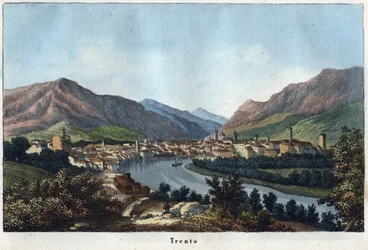 Vue de Trente (Tyrol du Sud, Italie) (Trente) - XIXe siècle - gravure tirée de « Usi e Costumi di Tutti i Popoli dell