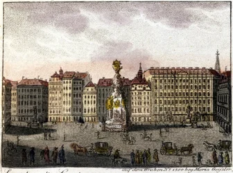 Vue de Vienne et de la place Graben. Lithographie du milieu du 19e siècle