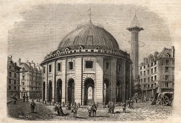 Vue de la halle au blé à Paris et de la colonne Médicis (gravure début XIXe siècle)