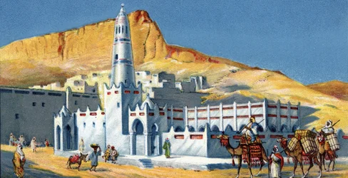 Vue de la mosquée Horeda, désert du Hadramaout, Yémen (Mosquée Horeda Hadramaout Yémen) Chromolithographie de 1930 Collection privée