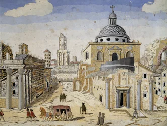 Vue du Forum romain, fin du XVIIe siècle, scagliola sur support en terre cuite. Détail