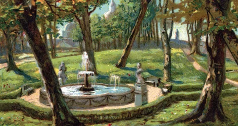 Vue des jardins de la Cité du Vatican, Rome, Italie (Vue des jardins du Vatican, Italie) Chromolithographie des années 1930 Collection privée
