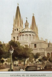 Vue de la cathédrale de Guadalajara à Mexico, Mexique. Chromolithographie du XIXe siècle
