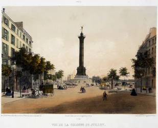 Vue de la colonne de Juillet (Place de la Bastille) depuis le Boulevard Beaumarchais