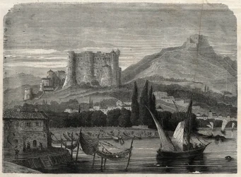 Vue des forts de La Spezia en Italie. Gravure dans « L