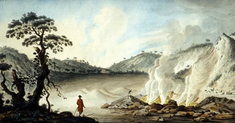 Vue de la solfatare, terrain volcanique émanant de fumées chaudes et de gaz sulfurés. Pozzuoli près de Naples. 19ème siècle.