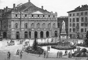 Vue du théâtre de La Scala à Milan, Italie. Gravure dans « Le Monde Illustré »