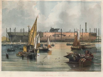 Vue du paquebot transatlantique Great Eastern (Leviathan) en construction au chantier naval de la Tamise à Londres. Gravure dans The Illustrated London News du 7 novembre 1857.