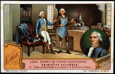 Visite de Berthollet à Lavoisier à la Sorbonne à Paris - étiquette publicitaire Libox. Chromolithographie du 19e siècle.