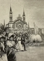 Visiteurs devant le Sport Building à United Exhibitions, Milan, Italie, dessin de M Bianchini tiré de L