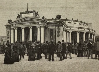Visiteurs devant le Teatro Pompeiano aux Expositions Unies, Milan, Italie, gravure d