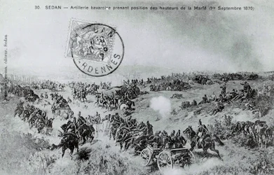 Guerre de 1870 : artillerie bavaroise prenant position depuis les hauteurs de la Marfe dans les Ardennes le 01/09/1870