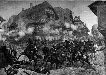 Guerre de 1870 : la charge des 8e et 9e cuirassiers dans les rues de Morsbronn (Alsace). Gravure dans « Le Journal de la Jeunesse ».