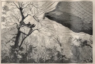 Guerre de 1870 : la descente du ballon « Armand Barbès » avec Léon Gambetta à bord le 7 octobre 1870 - Gravure dans « La Science française »