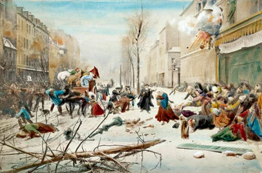 Guerre de 1870 : le siège de Paris en 1870, bombardement par les Prussiens. Les habitants de Paris quittent les zones bombardées sous la neige. Aquarelle du 19ème siècle. Paris, Musée de l