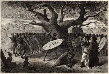 Exercices guerriers des Landines ou caffres-zoulous, à Sena (région du fleuve Zambèze, Mozambique). Gravure pour illustrer les premiers voyages du Dr Livingstone en Afrique australe de 1840 à 1856, dans « Le tour du monde, nouveau journal des voyages » pub