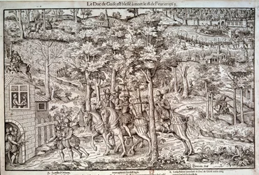Guerres de Religion 1562-1598. Assassinat de François Ier de Lorraine (1519-1563), deuxième duc de Guise, le 18/02/1563. Chef catholique, il fut tué par le calviniste Jean de Poltrot de Méré ou Mérey. Gravure du XVIe siècle. Paris, Bibliothèque nationale