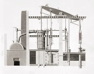 Machine à vapeur de Watt. Schéma. Gravure du 19ème siècle