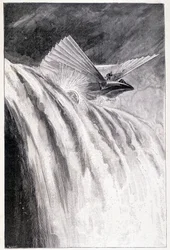 Véhicule ailé traversant une cascade, ill. « Le Maître du monde », Jules Verne, fin du 19e siècle