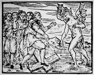 Sorcellerie : le diable et les hommes marchant sur la croix catholique - gravure