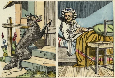 Le loup frappe à la porte de la grand-mère. Illustration du conte « Le Petit Chaperon Rouge » de Charles Perrault