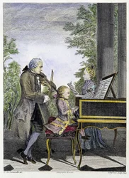 Wolfgang Amadeus Mozart enfant au piano, entouré de son père Leopold au violon et de sa sœur Marianne chantant - gravure